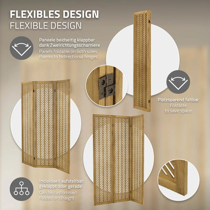 ML-Design | Paravent Kobe 3 teilig aus Holz 170x121 cm, Braun, Raumteiler faltbar, Trennwand für innen