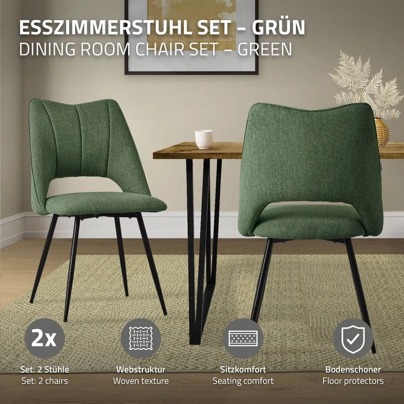 Esszimmerstuhl 2er Set Grün gepolstert inkl. Montagematerial Polsterstuhl Küchenstuhl ML-Design