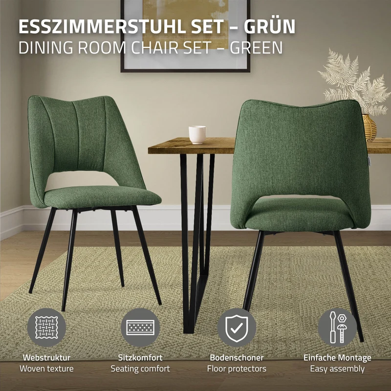 Esszimmerstuhl 2er Set Grün gepolstert inkl. Montagematerial Polsterstuhl Küchenstuhl ML-Design