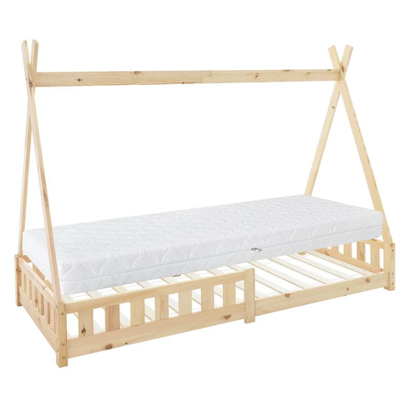 Kinderbett Tipi aus Kiefernholz mit Lattenrost, Rausfallschutz & Wahlweise Matratze ML-Design
