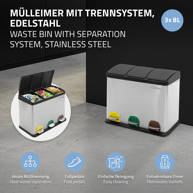 Mülleimer mit Trennsystem 3x Fächer aus Stahl ML-Design