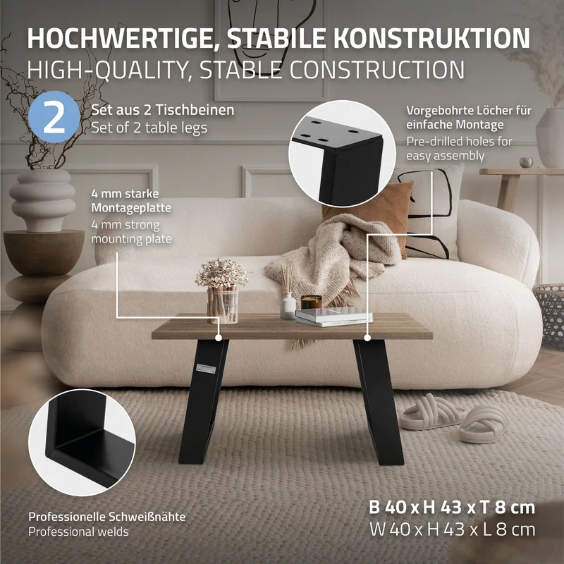 Tischbeine Tischgestell 2er Set U-Design schräg 40 x 43 cm aus Stahl ML-Design