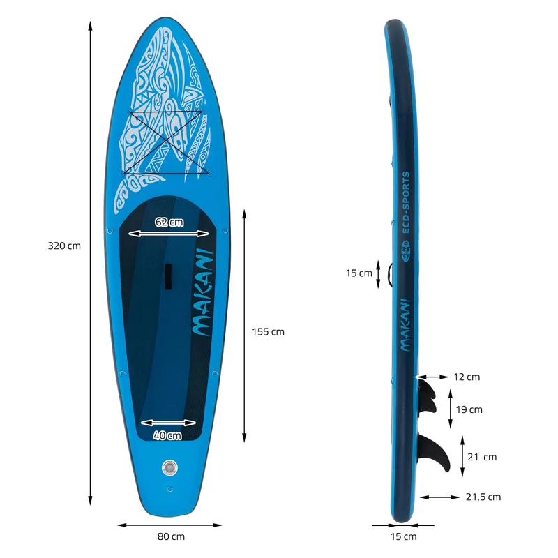 Stand Up Paddle aufblasbares SUP Board Makani 320x80x15 cm aus PVC inkl. Pumpe und Tragetasche