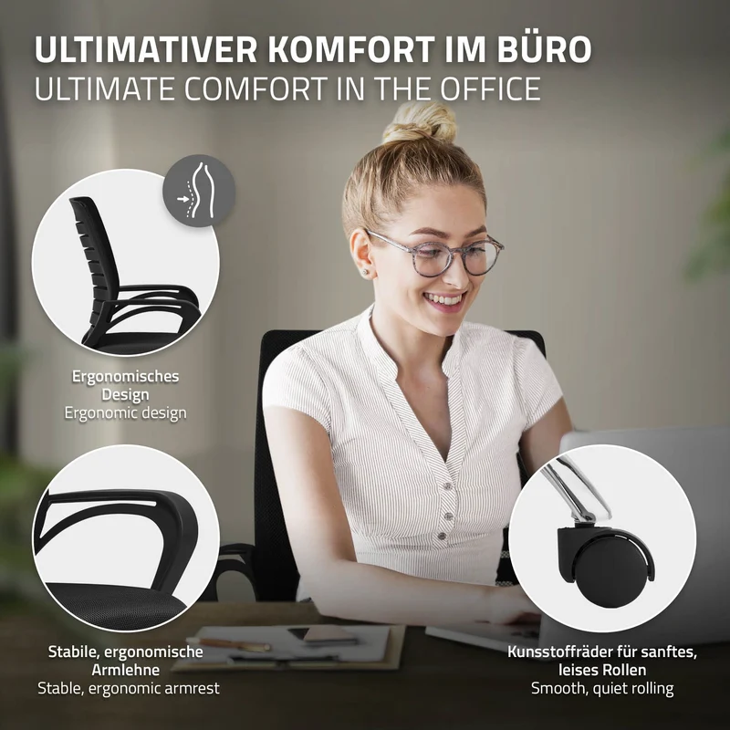 Schreibtischstuhl Classic Ergonomischer Bürostuhl mit Armlehnen Netzgewebe mit Rollen ML-Design