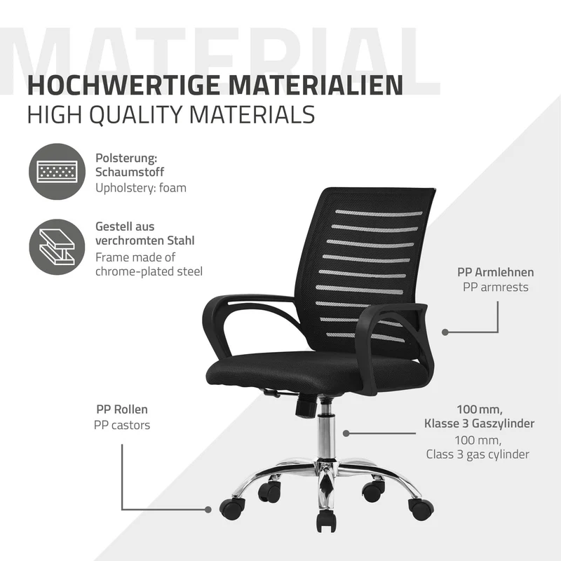 Schreibtischstuhl Classic Ergonomischer Bürostuhl mit Armlehnen Netzgewebe mit Rollen ML-Design