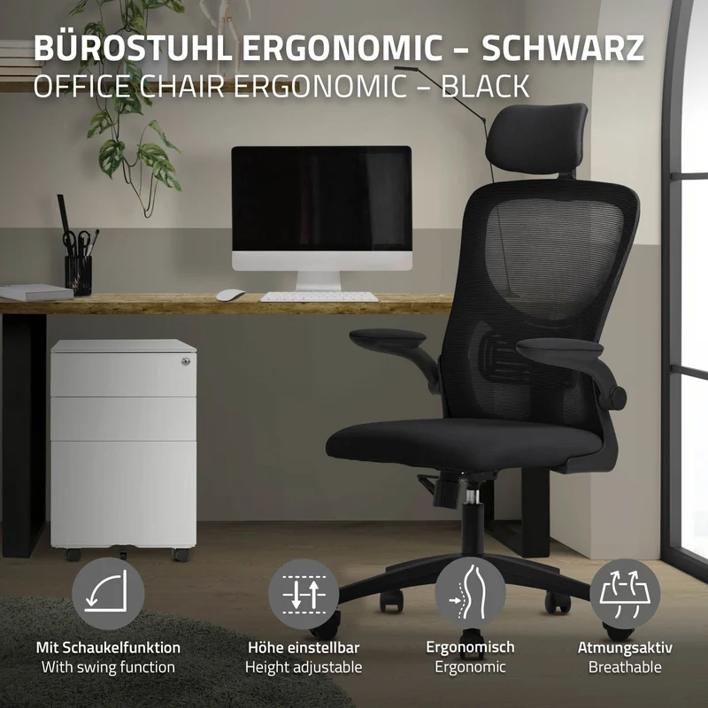 Schreibtischstuhl Ergonomic Ergonomischer Bürostuhl Netzgewebe mit verstellbarer Kopfstütze und Rollen ML-Design