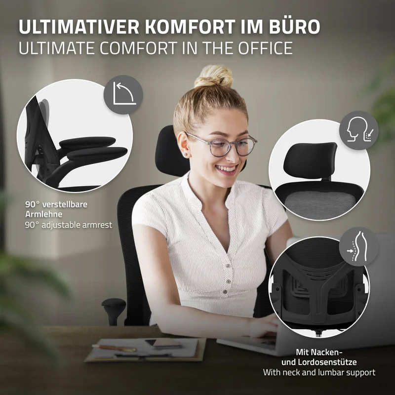 Schreibtischstuhl Ergonomic Ergonomischer Bürostuhl Netzgewebe mit verstellbarer Kopfstütze und Rollen ML-Design