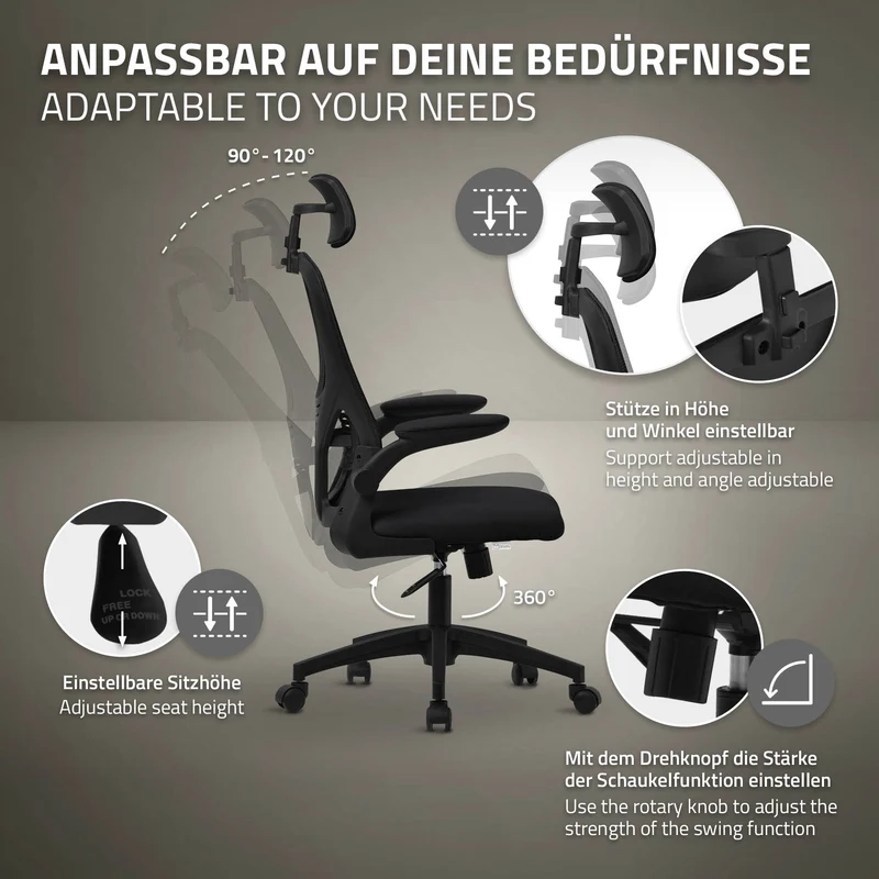 Schreibtischstuhl Ergonomic Ergonomischer Bürostuhl Netzgewebe mit verstellbarer Kopfstütze und Rollen ML-Design