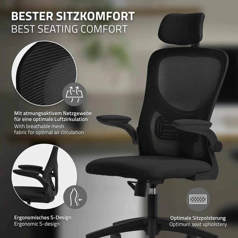 Schreibtischstuhl Ergonomic Ergonomischer Bürostuhl Netzgewebe mit verstellbarer Kopfstütze und Rollen ML-Design