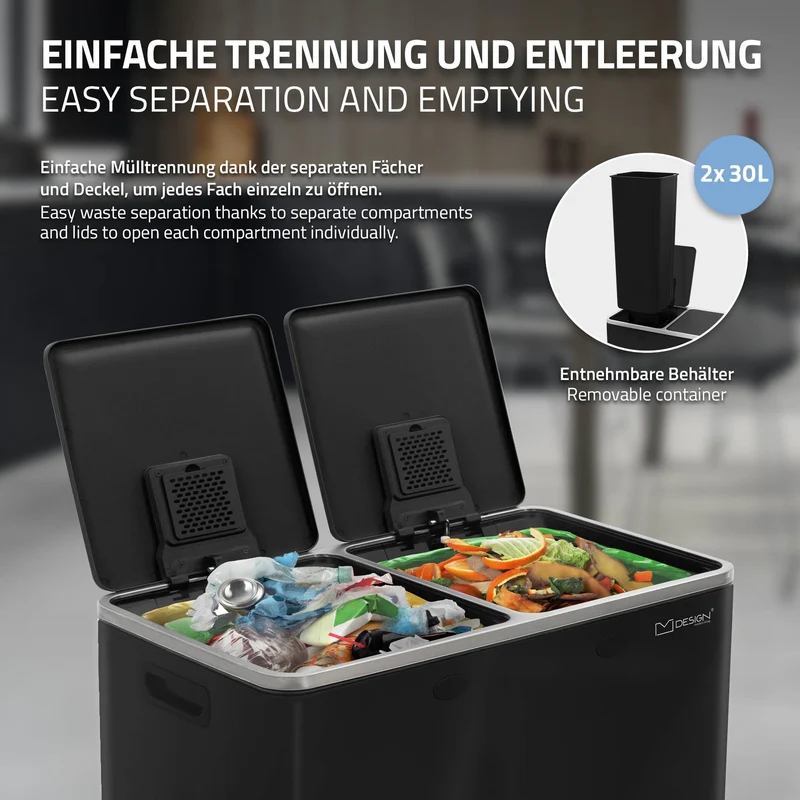 Mülleimer mit Trennsystem 2x Fächer 30L aus Stahl ML-Design
