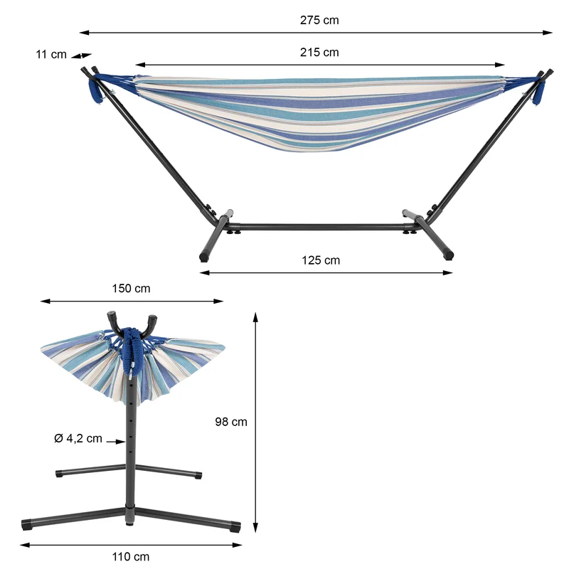 Hängematte XXL 275x110x98 cm mit Gestell aus Polyester-Baumwolle maximal belastbar 200kg ML-Design