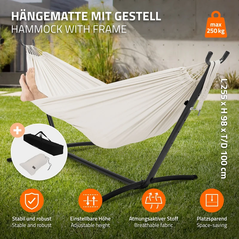 XXL Hängematte mit Stahlgestell 255 x 99 x 98 cm bis 250 kg inkl. Tragetasche ML-Design