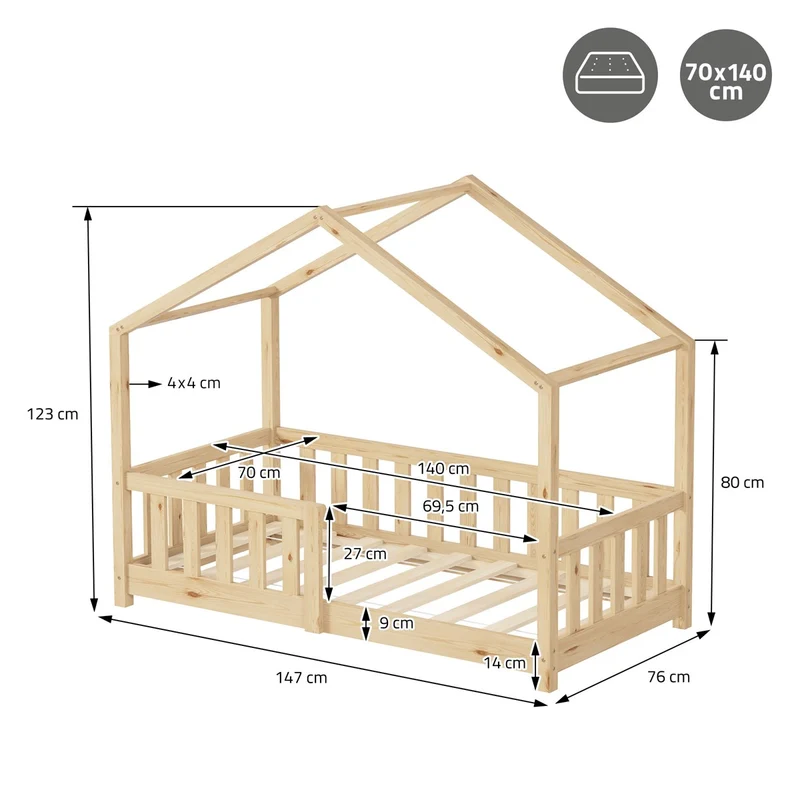 ML-Design | Kinderbett Haus aus Kiefernholz mit Lattenrost & Rausfallschutz