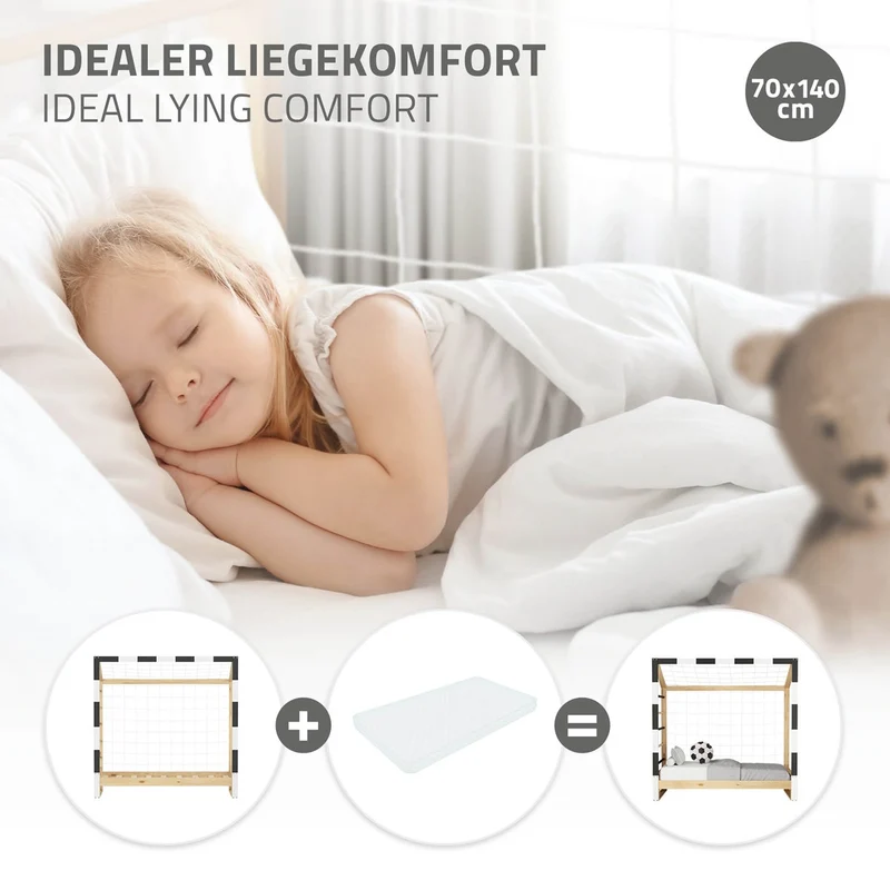 Kinderbett Fußballtor gestreifter Rahmen aus Kiefernholz mit Lattenrost, Tornetz & Kletterleiter ML-Design