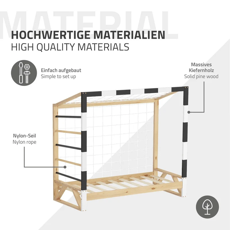 Kinderbett Fußballtor gestreifter Rahmen aus Kiefernholz mit Lattenrost, Tornetz & Kletterleiter ML-Design