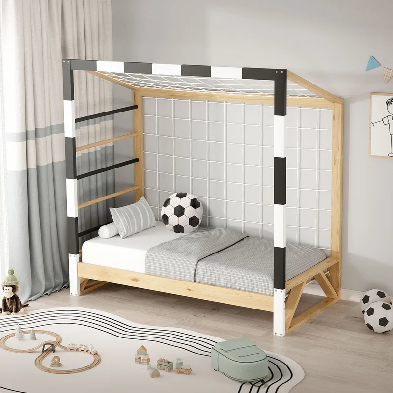 Kinderbett Fußballtor gestreifter Rahmen aus Kiefernholz mit Lattenrost, Tornetz & Kletterleiter ML-Design