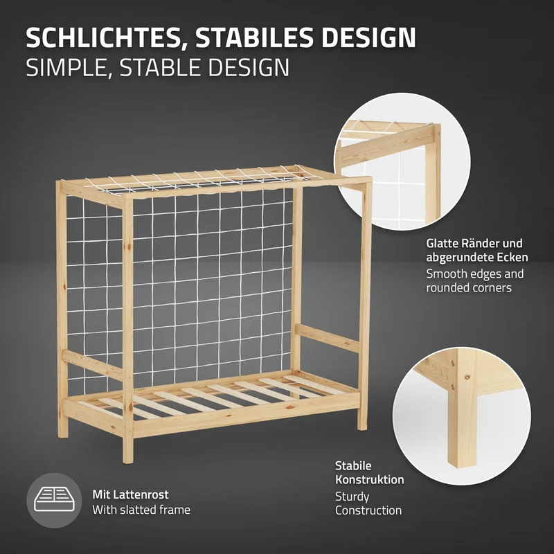 Kinderbett Fußballtor aus Kiefernholz mit Lattenrost & Tornetz ML-Design