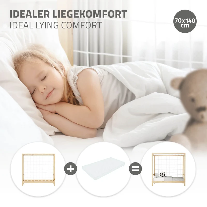 Kinderbett Fußballtor aus Kiefernholz mit Lattenrost & Tornetz ML-Design