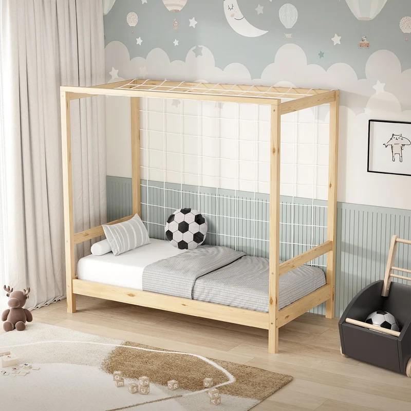 Kinderbett Fußballtor aus Kiefernholz mit Lattenrost & Tornetz ML-Design