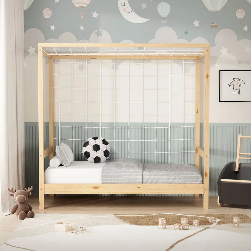 Kinderbett Fußballtor aus Kiefernholz mit Lattenrost & Tornetz ML-Design