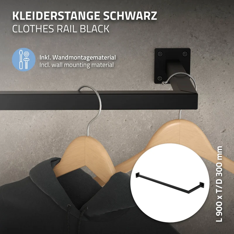 Kleiderstange Ecke Garderobe Wandmontage Schwarz aus Stahl ML-Design