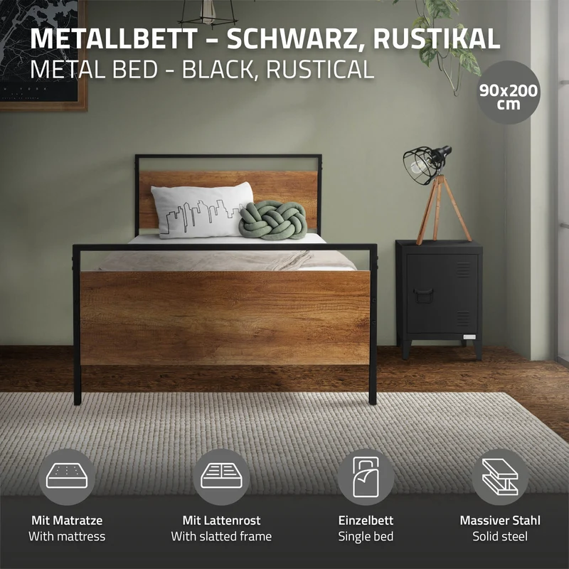 Metallbett mit Lattenrost Schwarz/Braun Bettgestell mit Holz Kopf- & Fußteil ML-Design