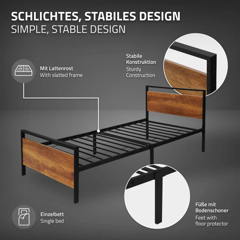 Metallbett mit Lattenrost Schwarz/Braun Bettgestell mit Holz Kopf- & Fußteil ML-Design