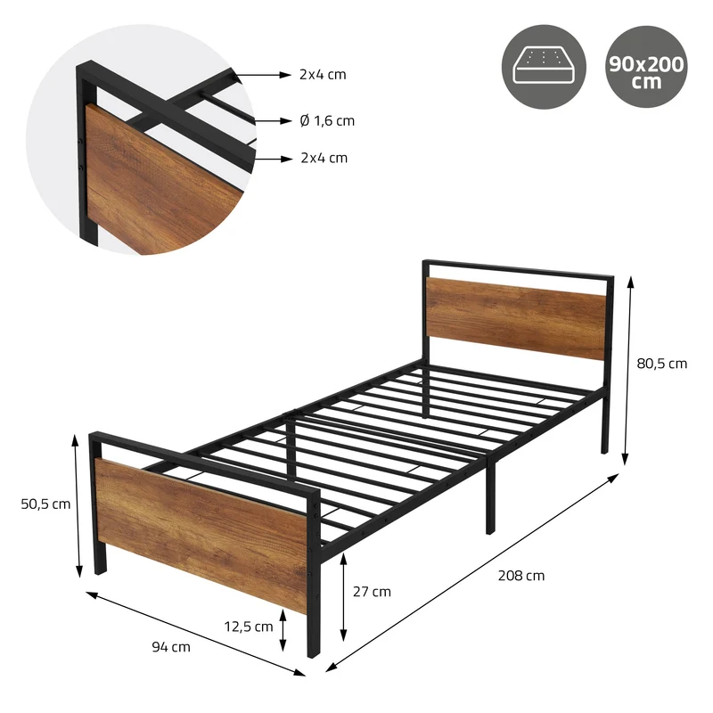 Metallbett mit Lattenrost Schwarz/Braun Bettgestell mit Holz Kopf- & Fußteil ML-Design