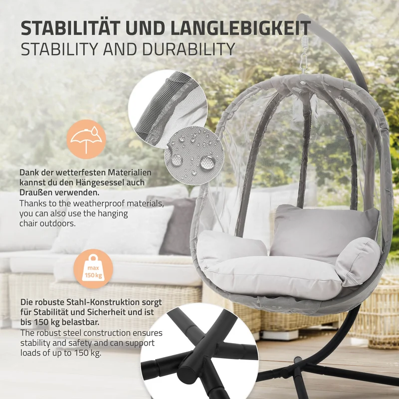 Hängesessel cm mit Gestell aus Stahl 100x105x177 und Sitzkissen 150kg ML-Design