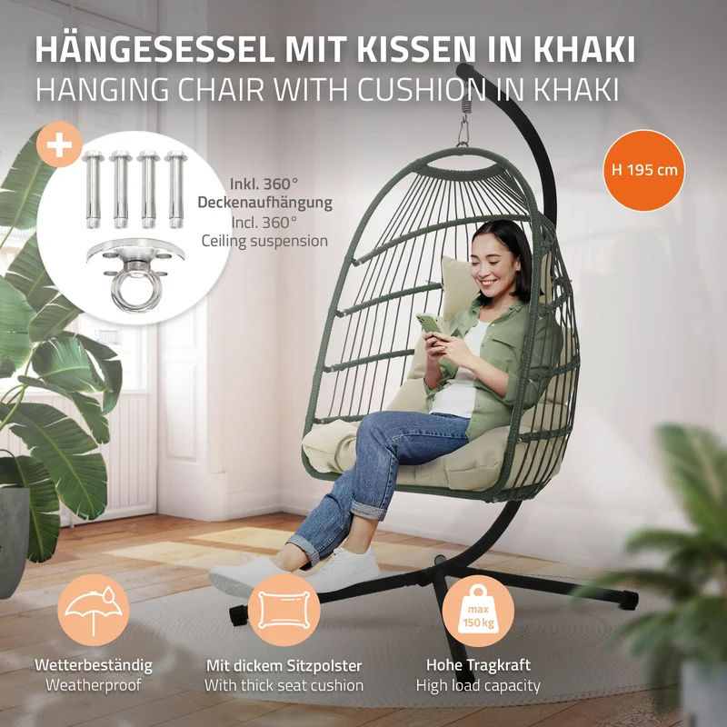 Hängesessel 100x105x195 cm aus Polyester mit Gestell und Kissen ML-Design