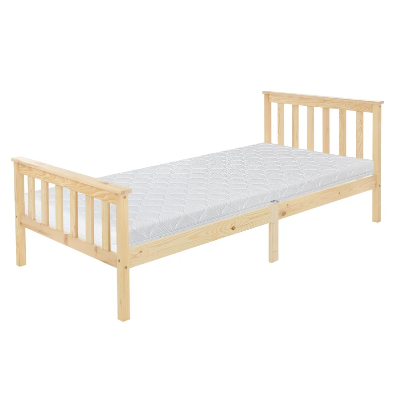 Bettgestell Holzbett 90x200 cm aus Kiefernholz mit Lattenrost und Kopf- und Fußteil ML-Design