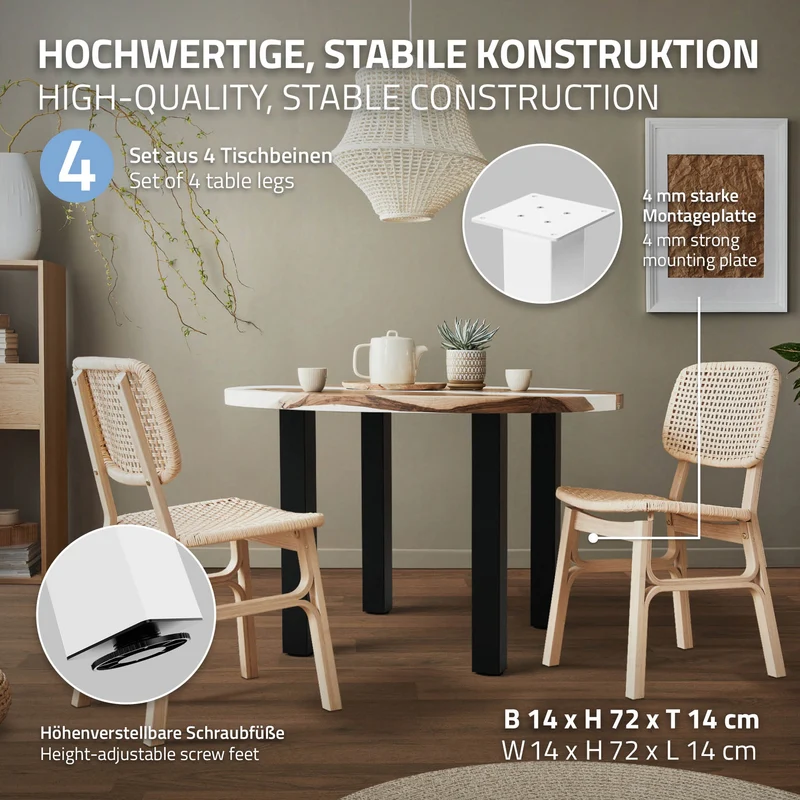 B-Ware 4er Set Tischbeine I-Design 72cm Weiß glänzend höhenverstellbare Tischgestell aus pulverbeschichteter Stahl, Profil 8x8cm, ML-Design