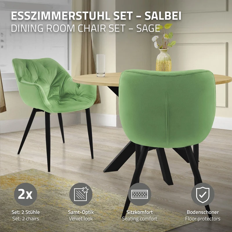 B-Ware Esszimmerstuhl 2er Set Große Rauten Steppung mit Rücken- und Armlehnen Salbei Küchenstuhl mit Microfaser-Samtbezug ML-Design