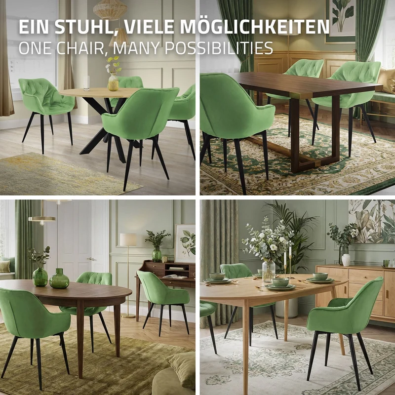 B-Ware Esszimmerstuhl 2er Set Große Rauten Steppung mit Rücken- und Armlehnen Salbei Küchenstuhl mit Microfaser-Samtbezug ML-Design