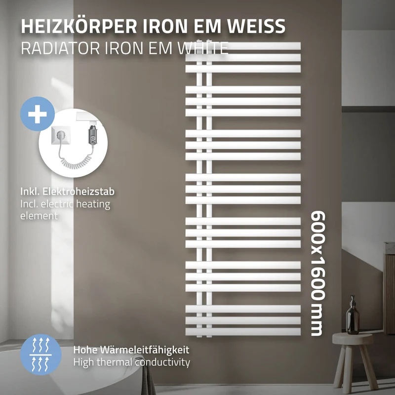 Badheizkörper Iron EM mit Heizstab 900W 600x1600 mm Weiß