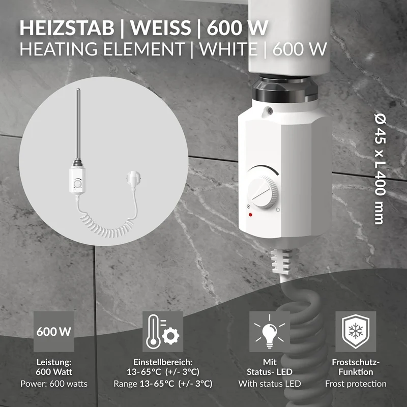 Heizstab 900W Weiß mit Thermostat für Badheizkörper LuxeBath