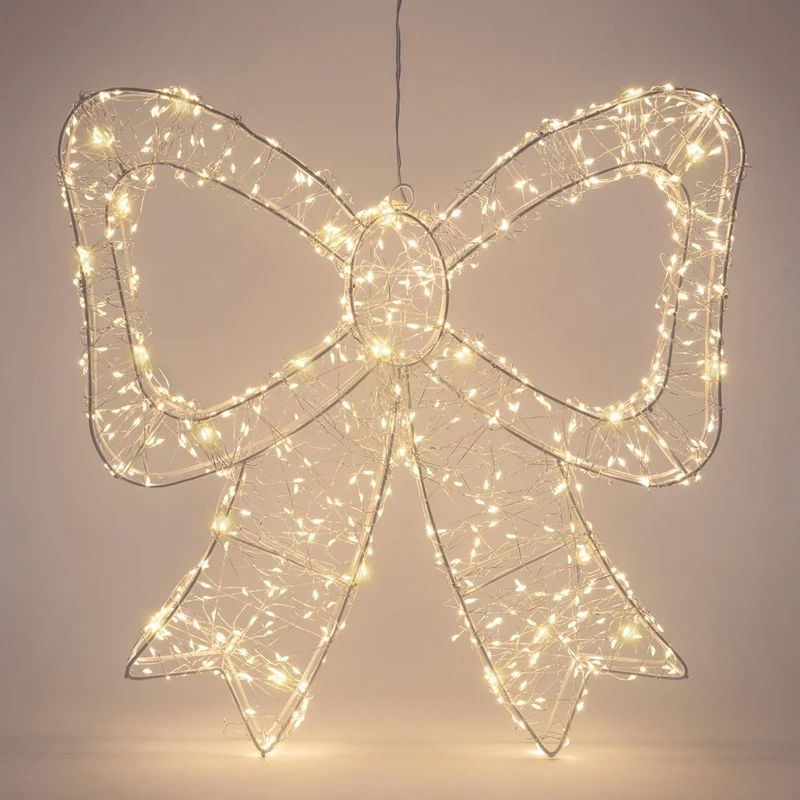 ECD Germany | LED Deko Schleife mit Timer 500 LED 33 cm Metall Warmweiß LED Schleife Weihnachten Weihnachtsdeko Weihnachtsbeleuchtung Außen