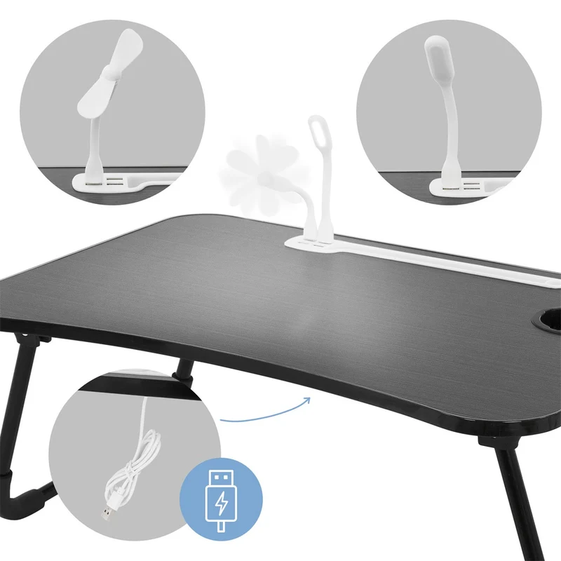 ML-Design | Laptoptisch mit USB-Ports klappbar 60x40 cm aus MDF inkl. USB Lampe und Ventilator