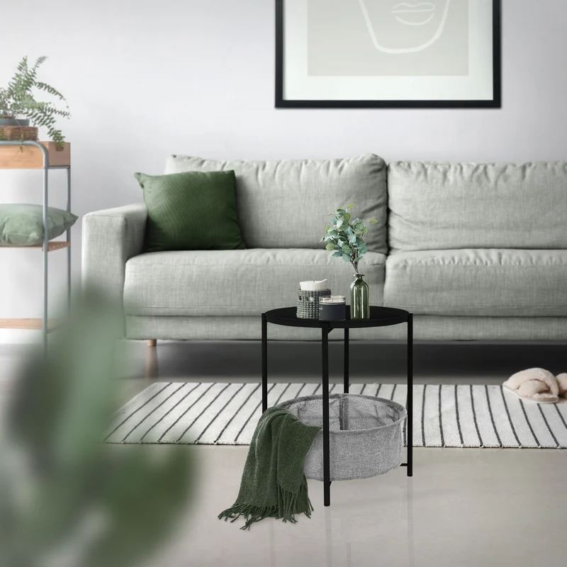 ML-Design | Beistelltisch rund Ø 46x51 cm aus Metall, Sofatisch inkl. Tablett und Stoffkorb mit Stauraum