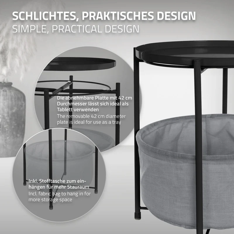 ML-Design | Beistelltisch rund mit Stoffkorb & Abnehmbarer Tablett 45,5x52,5 cm aus Metall, Sofatisch mit Stauraum
