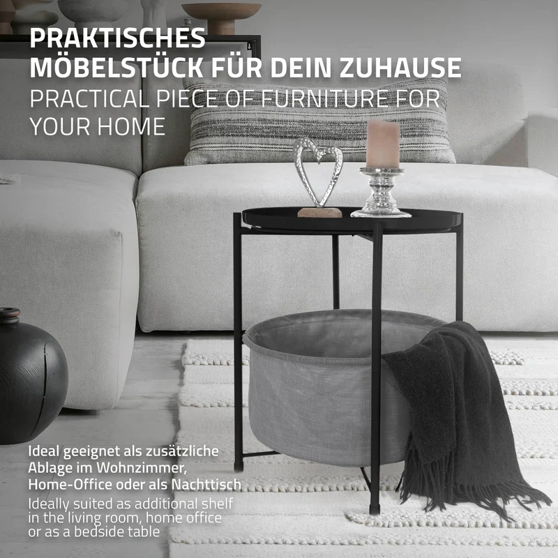 ML-Design | Beistelltisch rund mit Stoffkorb & Abnehmbarer Tablett 45,5x52,5 cm aus Metall, Sofatisch mit Stauraum