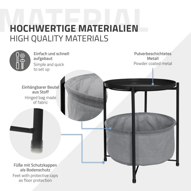 ML-Design | Beistelltisch rund mit Stoffkorb & Abnehmbarer Tablett 45,5x52,5 cm aus Metall, Sofatisch mit Stauraum