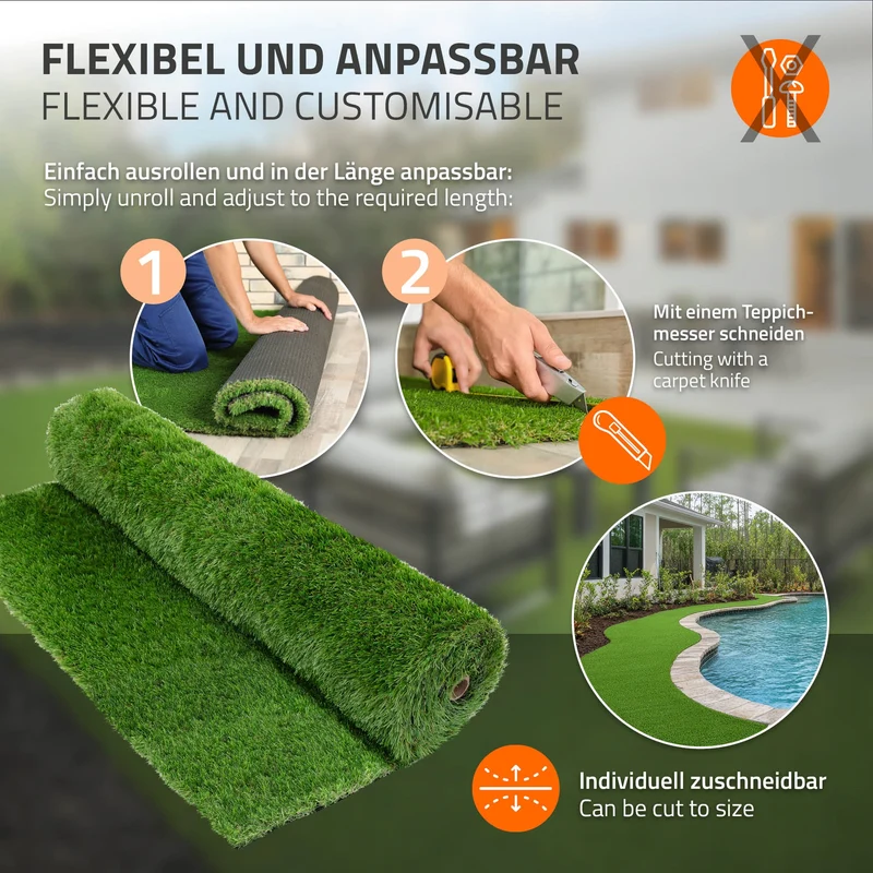 Rasenteppich Kunstrasen-Rolle 100x700 cm 7m² Grün, wetterfest, 35mm, Grasmatte Meterware, Kunstgras
