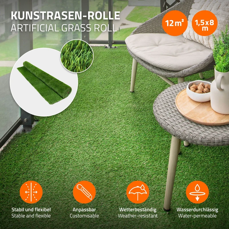Rasenteppich Kunstrasen-Rolle 150x800 cm 12m² Grün, wetterfest, 35mm, Grasmatte Meterware, Kunstgras