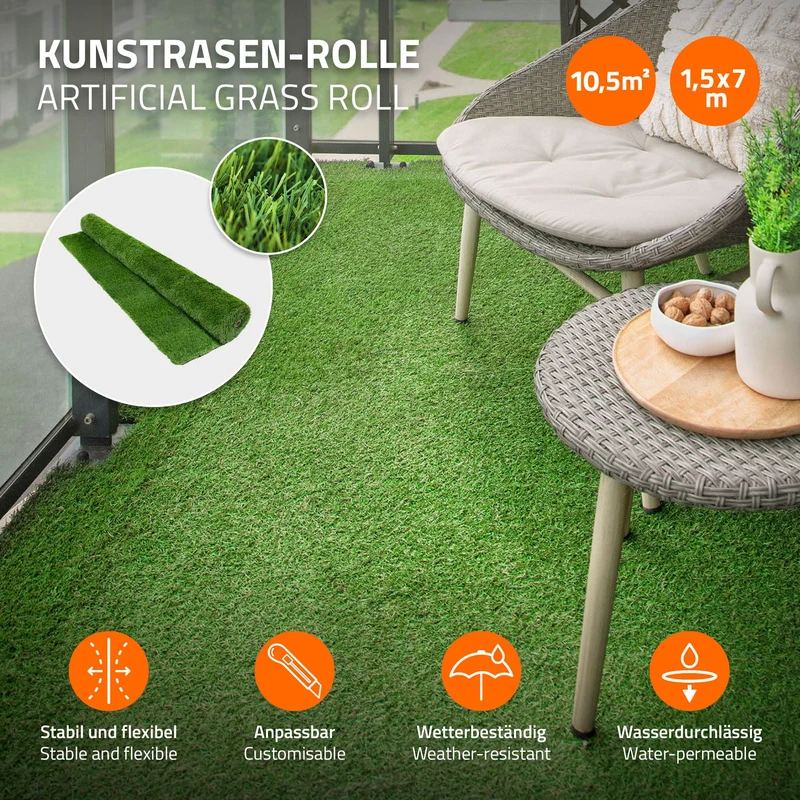Rasenteppich Kunstrasen-Rolle 150x700 cm 10,5m² Grün, wetterfest, 35mm, Grasmatte Meterware, Kunstgras