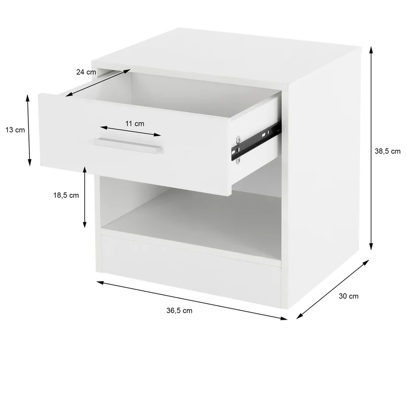 ML-Design | Nachttisch mit Schublade und offenem Fach 36.5x38.5x30 cm Weiß aus Holz, Nachtkommode mit Alu Griff