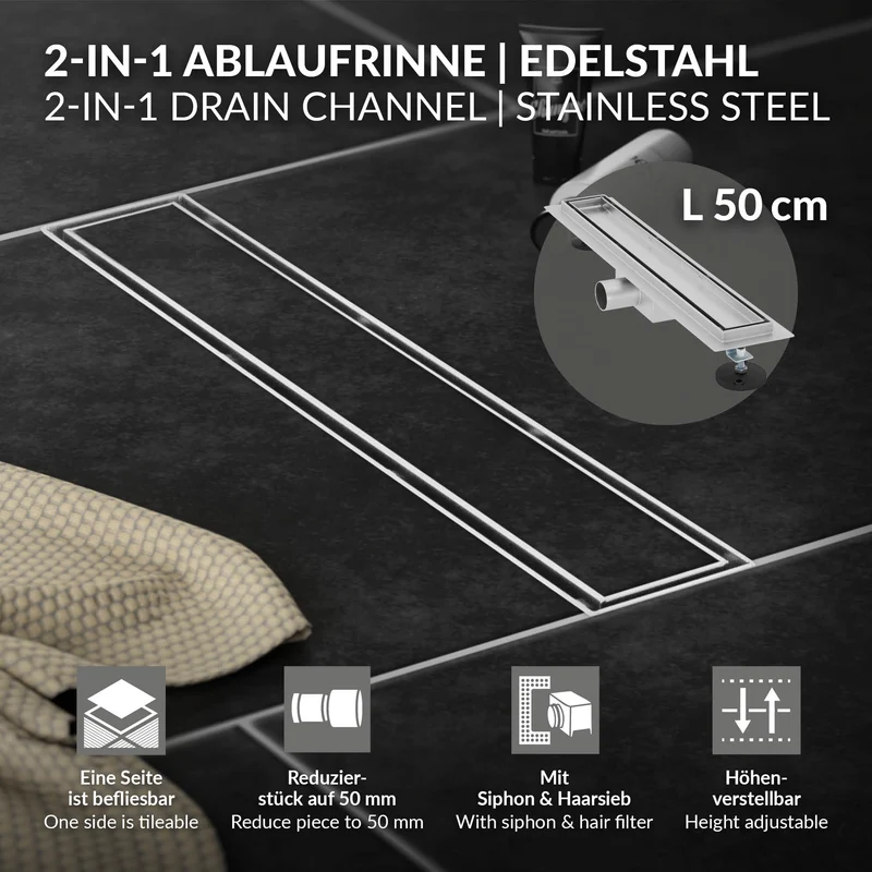 LuxeBath | Duschrinne 2in1 befliesbar mit Siphon, aus Edelstahl, Komplettset, Doppelseitige Bodenablauf flach