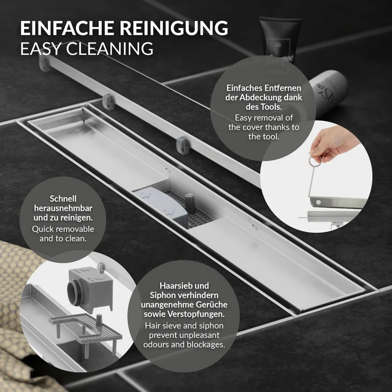 LuxeBath | Duschrinne 2in1 befliesbar mit Siphon, aus Edelstahl, Komplettset, Doppelseitige Bodenablauf flach