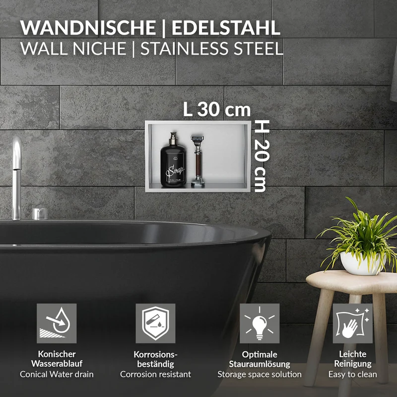 LuxeBath | Duschnische mit Rahmen aus Edelstahl, Wandnische, Befliesbare Nische für Badutensilien