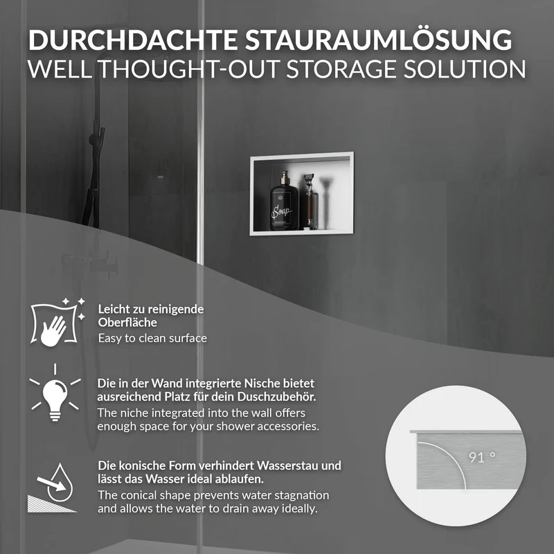 LuxeBath | Duschnische mit Rahmen aus Edelstahl, Wandnische, Befliesbare Nische für Badutensilien